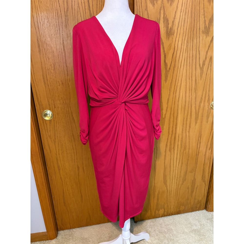 Tadashi Collection Fuschia Pink Twist Front V-Neck Midi Dress OMC65108M Medium